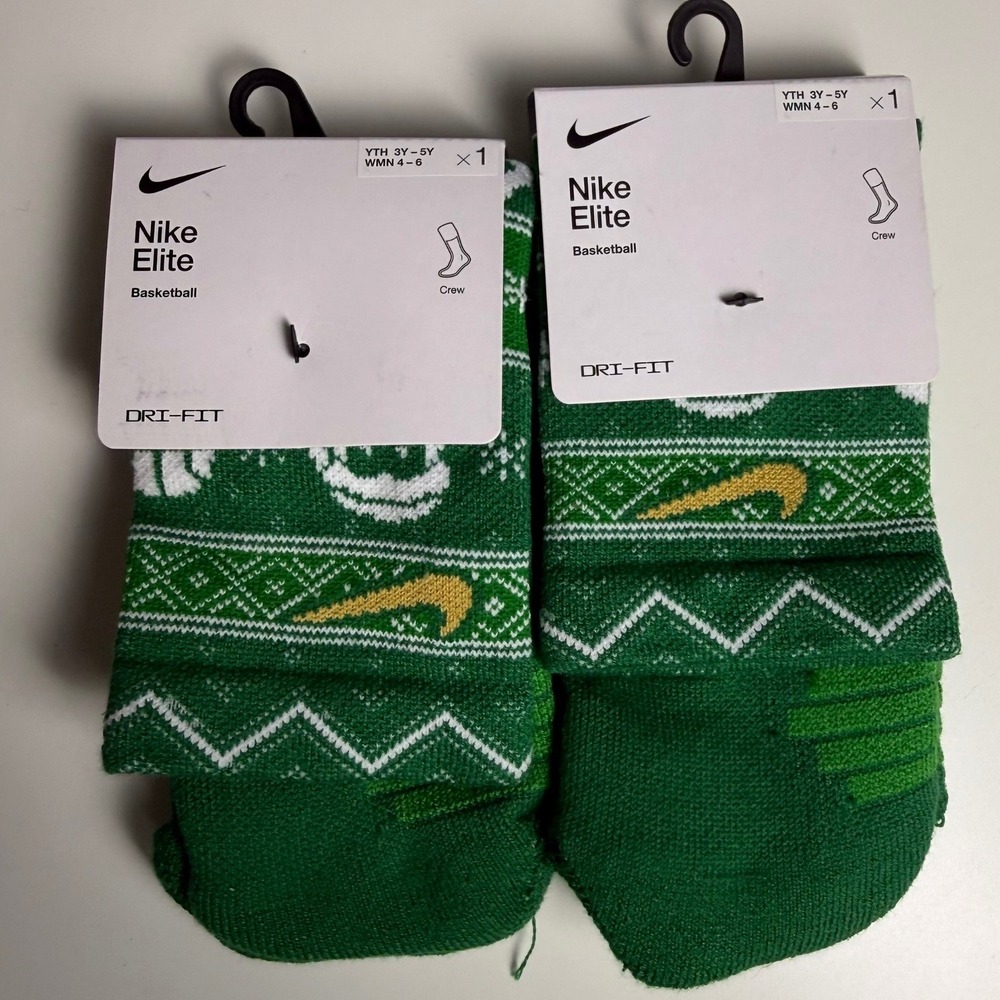 Nike Elite Basketball Crew Socks Green Holiday 2 Pairs 3Y-5Y/ W 4-6
